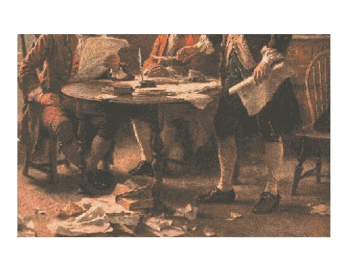 rotating gif of Dr. Papenfuse, cartoon about writing the Constitution, and the litter under the feet of Jefferson, Adams, and Franklin from a Ladies Home Journal  illustration of the writing of the Declaration of Independence