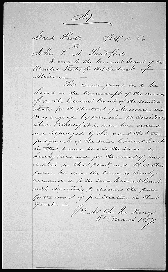 Judgement in the U.S. Supreme Court Case Dred Scott v. John F. A. Sandford, March 6, 1857