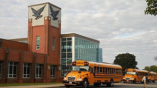[photo, School buses at Stephen Decatur High School, 9913 Seahawk Road, Berlin, Maryland]