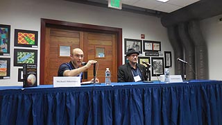 [photo, Moderator Michael Akkerman (left) & author David Grinspoon (right) discuss Chasing New Horizons: Inside the Epic First Mission to Pluto, Annapolis Book Festival, Key School, Annapolis, Maryland]