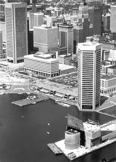 Aerial view of the Inner Harbor, Baltimore, MD, 1981