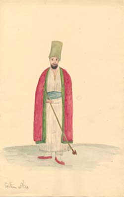 Figure Wearing Tall Green Hat and Red Cloak, Carrying a Pipe 
