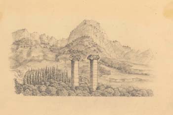 Asia Minor, Sardis,Two Greek columns in forground, trees and hills behind