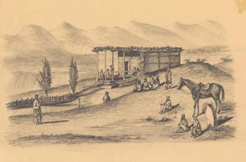 Asia Minor: Lucia, Leddakcui, Native peoples at a house, 1 horse, hills behind
