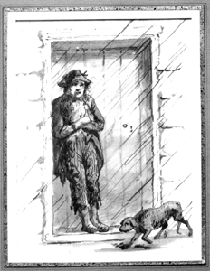 [a drawing of Bill Sykes standing in a doorway during a rainstorm]
