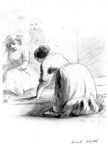 [a drawing of a woman washing steps]