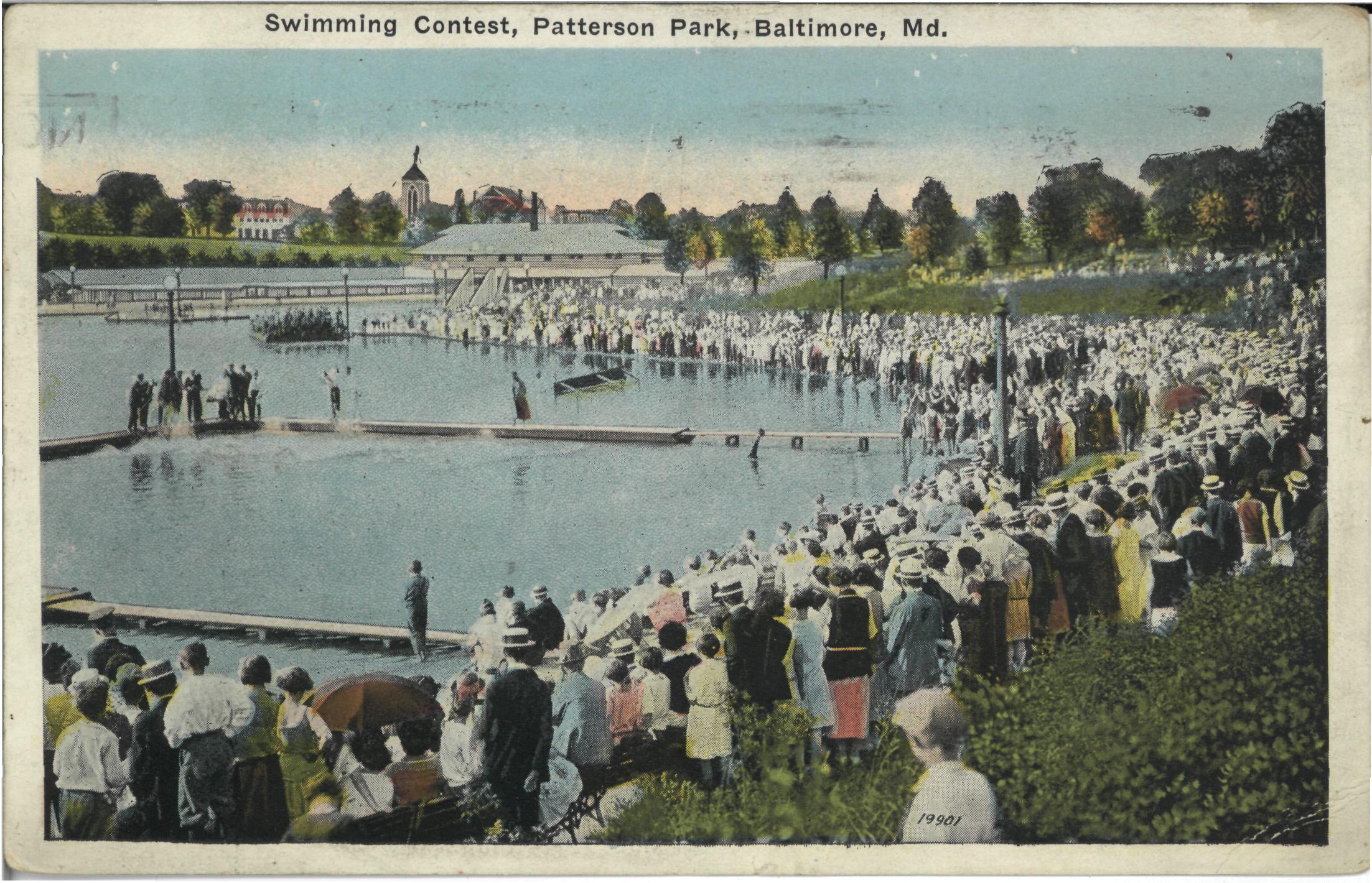 postcard of Swimming Contest at Patterson Park Boat Lake circa 1920s