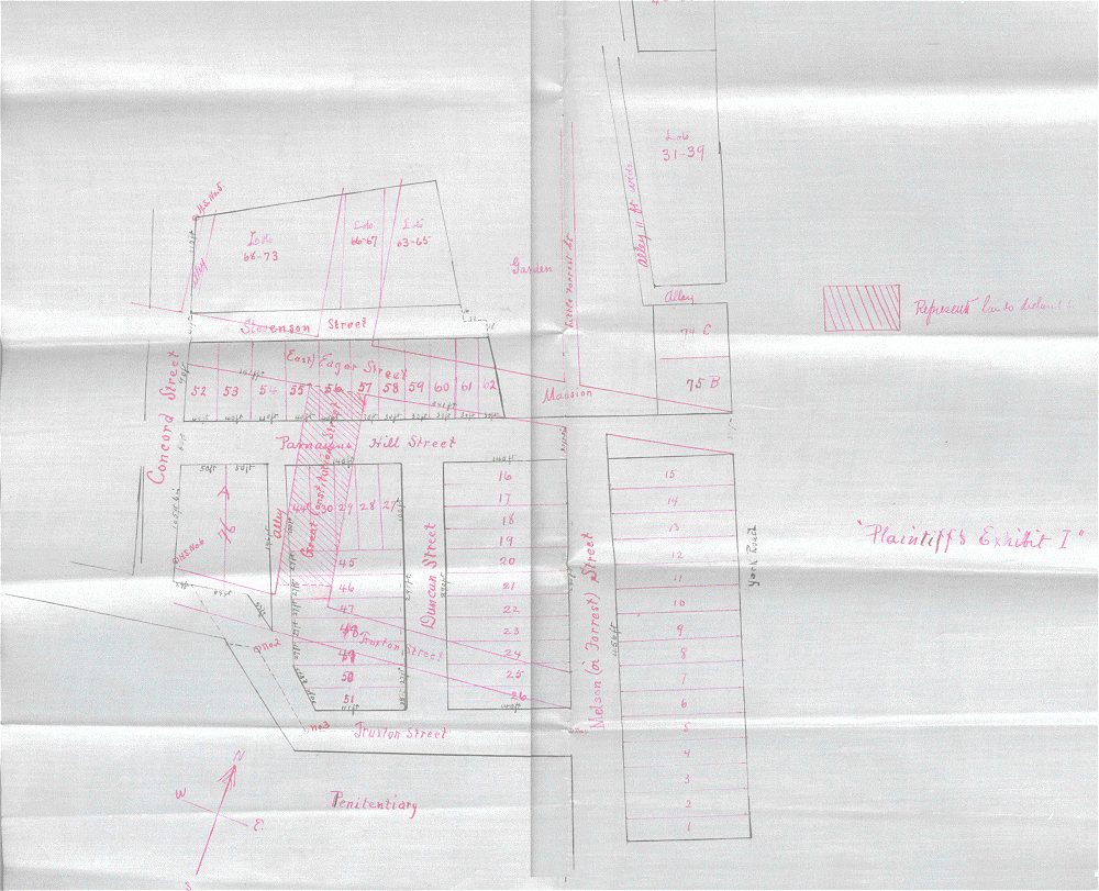 Plat showing overlay of Great Constitution Street onto Gibson's property