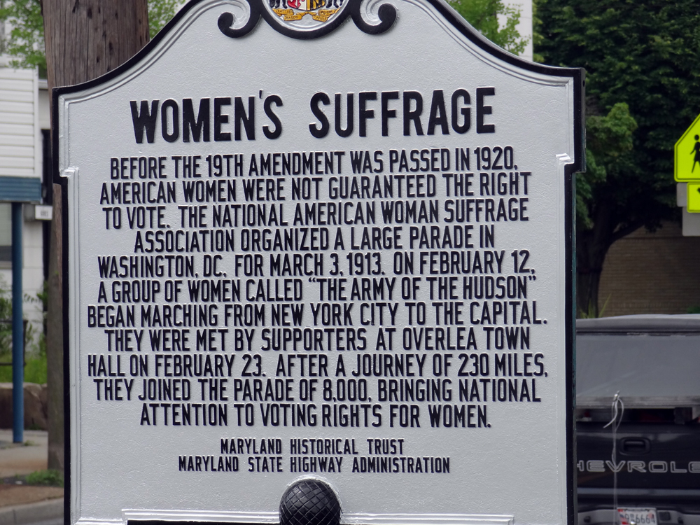 Marker in Overlea commemorating historic women's suffrage march through Maryland in February 1913 which was unveiled by the 19th Amendment Commission