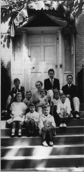 Mathias' extended family on the steps of the Mathias' Frederick Home (pos.), c. 1935