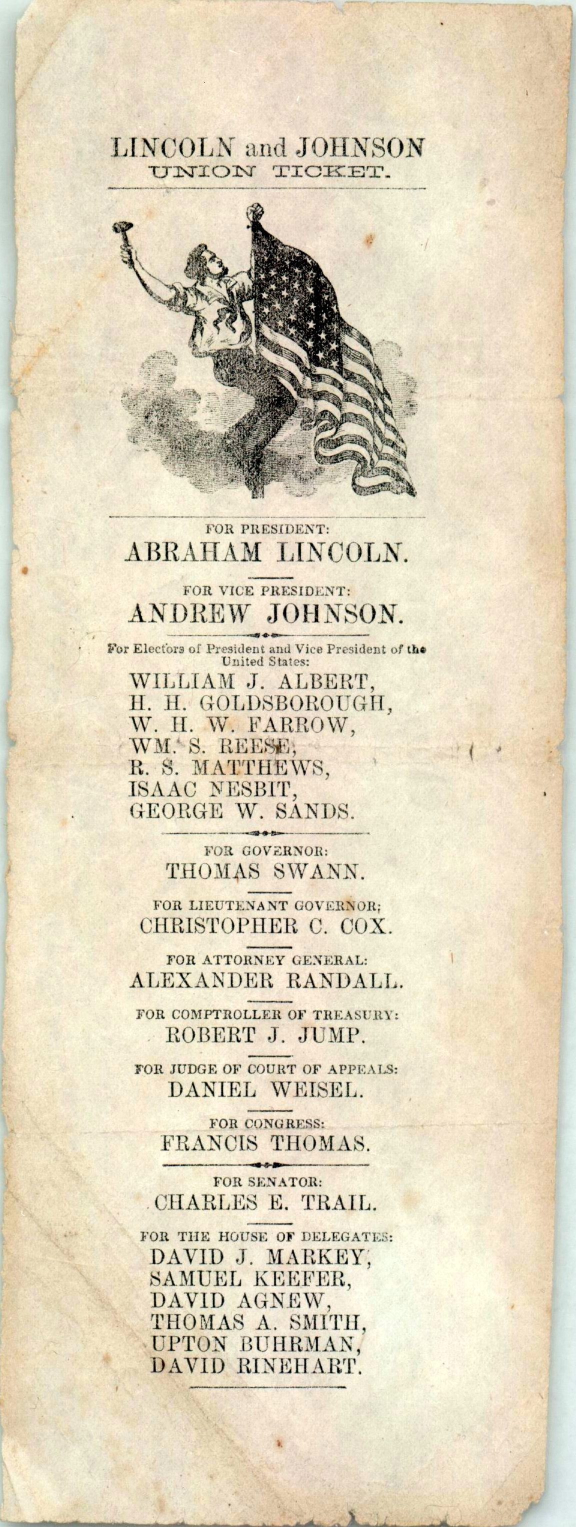 Republican Party election ticke featuring Abraham Lincoln for president and Charles E. Trial for Maryland Senator, 1864