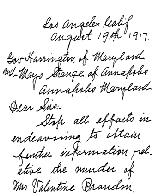 1917 letter from Los Angeles, California, implicating Valentine Brandon, and simply signed 'Justice'.