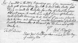 Note from Nicholas Ridgley about cloth for a boy's clothes, MSA SC 4885-1-45