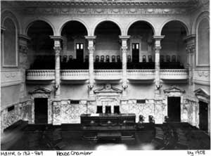 1908 black and white photograph of the House of Delegates Chamber.  MSA SC 182-869