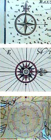 compass roses show first four directions, then 16, then modern example