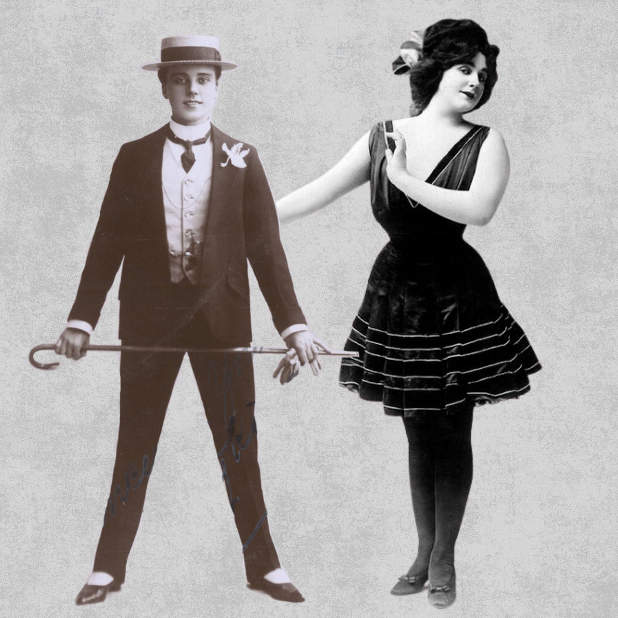 Black and white photograph of a male dancer and a female dancer from the roaring 20s.