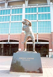 [photo, Johnny Unitas: The Golden Arm statue, by Frederick Kail, before M & T Bank Stadium, West Hamburg St., Baltimore, Maryland]