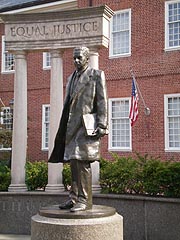[photo, Thurgood Marshall statue at Legislative Services Building entrance, Lawyers' Mall, Annapolis, Maryland]