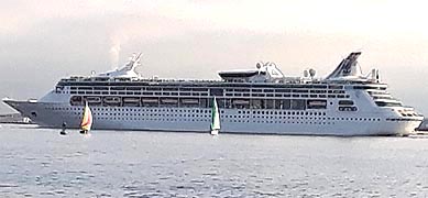 [photo, Grandeur of the Seas cruise ship, heading to sea, Patapsco River, Baltimore, Maryland]