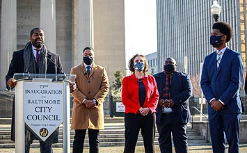 [photo, New City Council members with Mayor Scott, 101 North Gay St., Baltimore, Maryland, Dec. 2020]