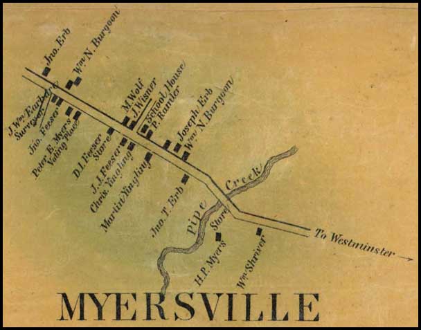 Detail of Meyersville from Simon J. Martenet, Map of Carroll County, 1862, Library of Congress, MSA SC 1213-1-119 