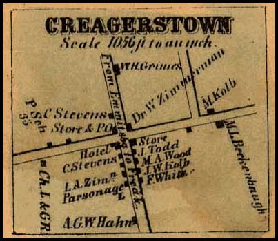 Detail of Creagerstown from Isaac Bond, Map of Frederick County, 1858, Library of Congress, MSA SC 1213-1-457