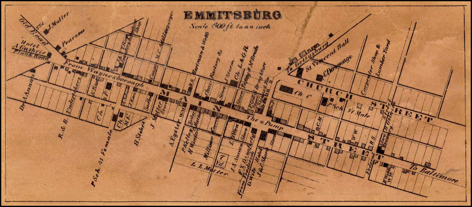 Detail of Emmitsburg from Isaac Bond, Map of Frederick County, 1858, Library of Congress, MSA SC 1213-1-457