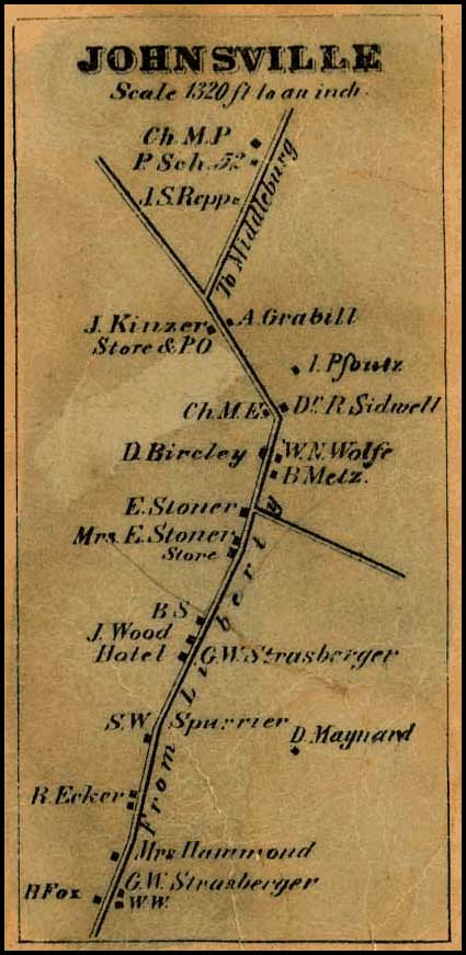 Detail of Johnsville from Isaac Bond, Map of Frederick County, 1858, Library of Congress, MSA SC 1213-1-457