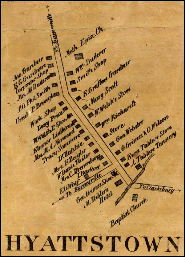 Detail of Hyattstown from Simon J. Martenet, Martenet and Bond's Map of Montgomery County, 1865, Library of Congress, MSA SC 1213-1-464