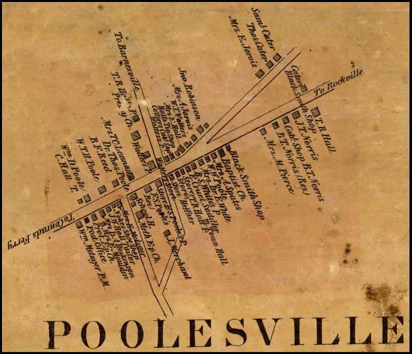 Detail of Poolesville from Simon J. Martenet, Martenet and Bond's Map of Montgomery County, 1865, Library of Congress, MSA SC 1213-1-464