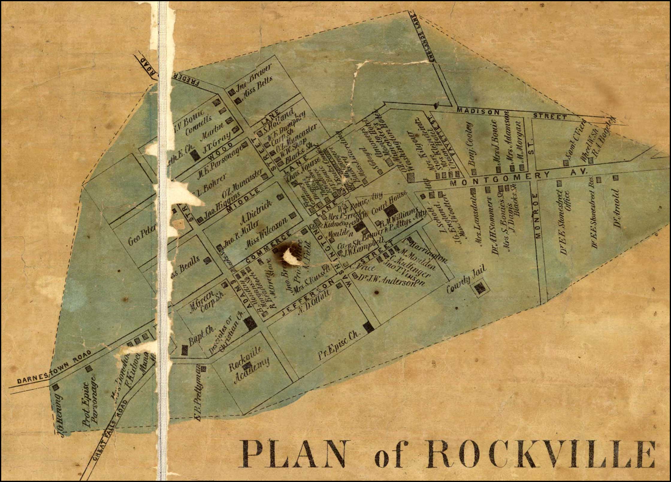 Detail of Rockville from Simon J. Martenet, Martenet and Bond's Map of Montgomery County, 1865, Library of Congress, MSA SC 1213-1-464