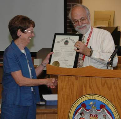 Dr. Papenfuse presents Lynne MacAdam with her Governor’s Citation for 25 years of state service
Photo by Jenn Foltz Cruickshank
