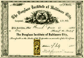 Douglass Institute stock certificate, Maryland State Archives