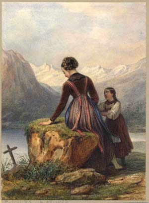 A Mother and a Daughter by a Grave, beside an Alpine Lake