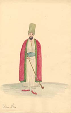 Costumes at Pera: Figure wearing Tall Green Hat and Red Cloak
