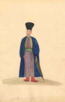 Costumes at Pera: Figure wearing Tall Green Hat and Red Cloak