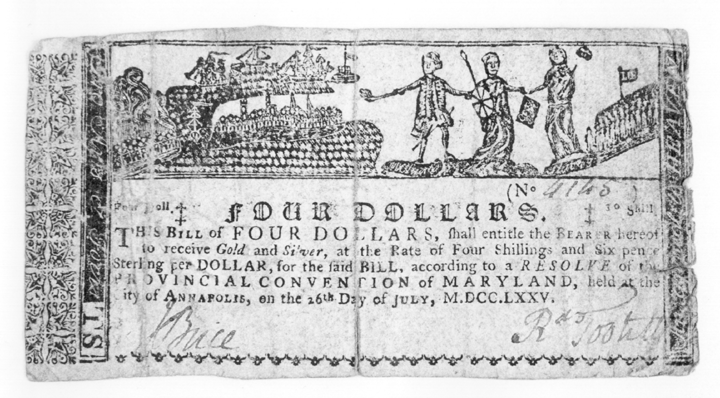 Four dollar bill, Maryland Provincial Currency, issued July 25, 1775
