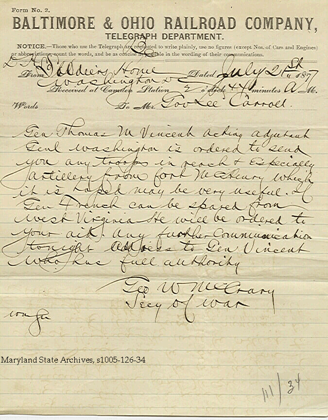 B & O Railroad Telegraph to Gov. Carroll from the Sec. of War re troops