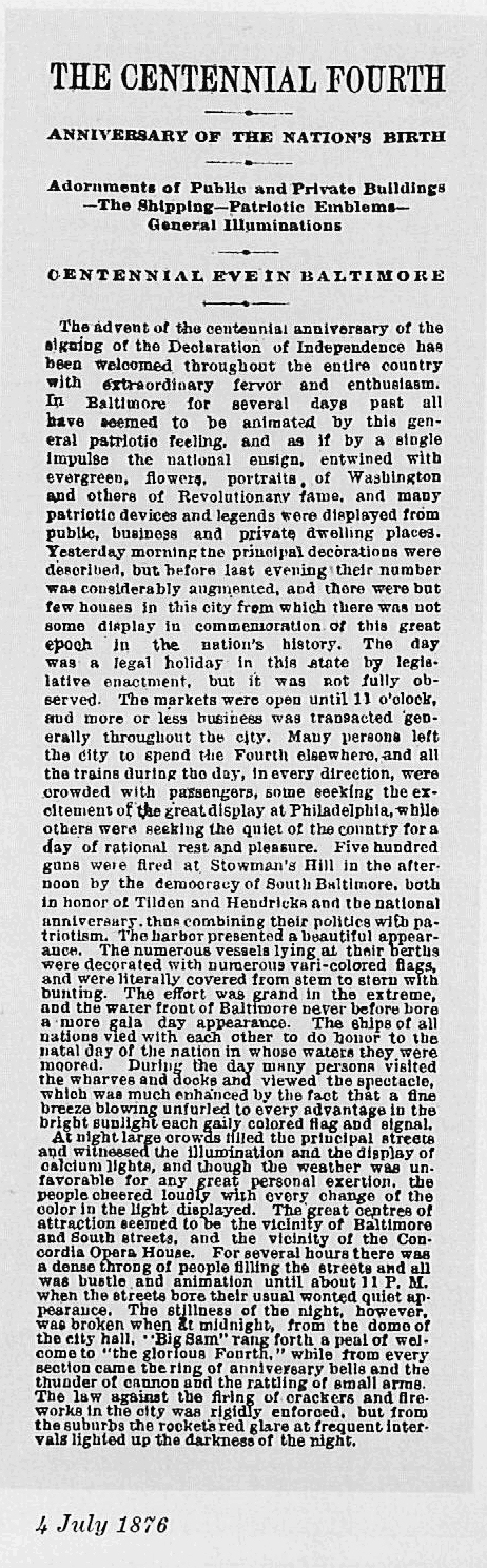 newspaper description of July 4th, 1876