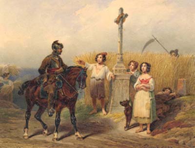 A Knight and a Peasant by a Cross 