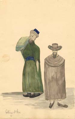 Costumes at Pera: Two Figures, One in Green Costume and Blue Sash 