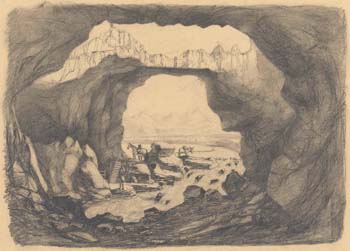 terior of cave/rock formation with figures, horse, donkey
