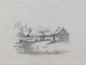 House, Man Tending Two Pigs 