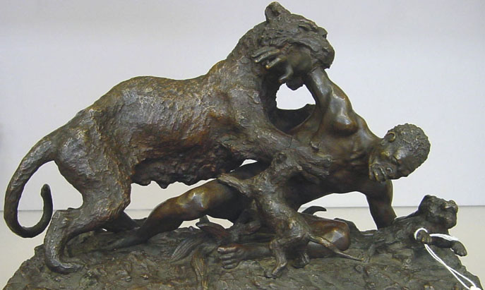 Sculpture - Panther and Cubs Attacking an African Native