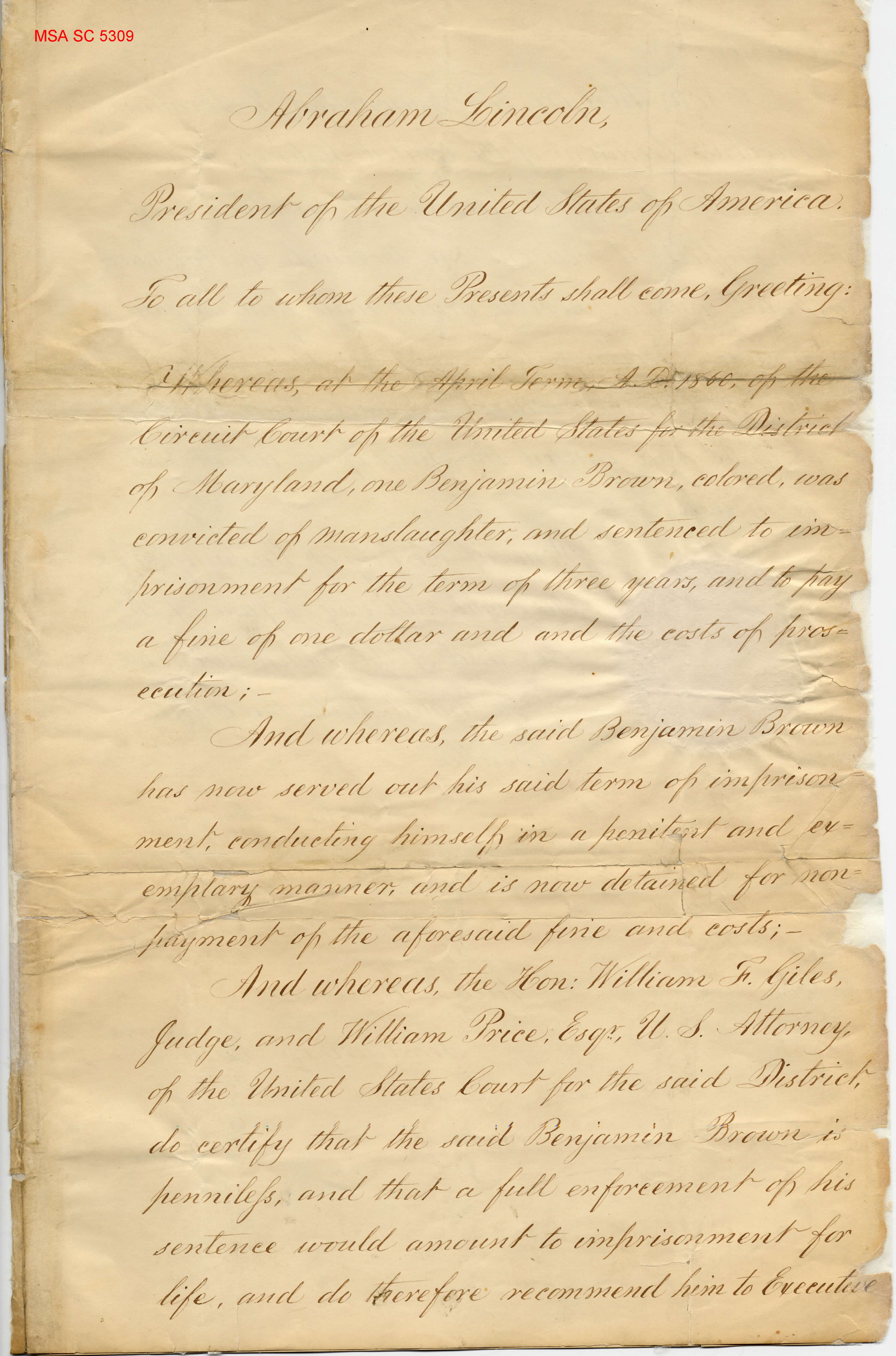 page 1 of the Lincoln pardon