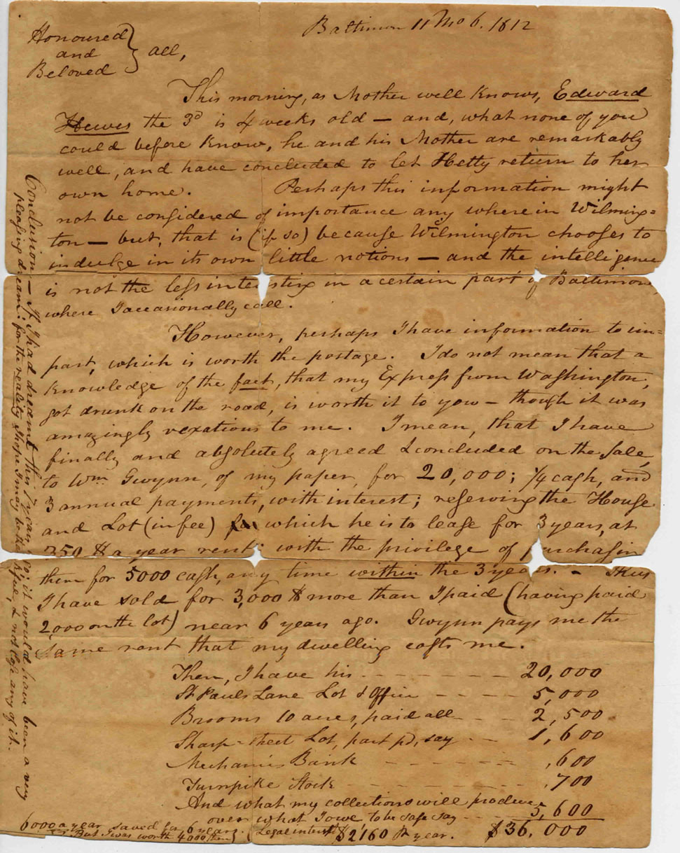 Letter from John Hewes to his father re sale of Baltimore newspaper