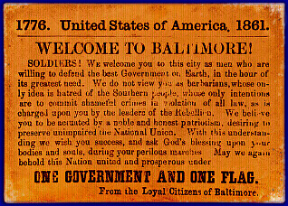 Card handed to Union troops passing through Baltimore, Summer 1861, Courtesy of the Maryland Historical Society, Ephermera Collection