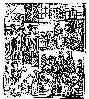 wood cut of scenes from 17th century daily life from Robert J. Brugger, Maryland, A Middle Temperament, p. 26