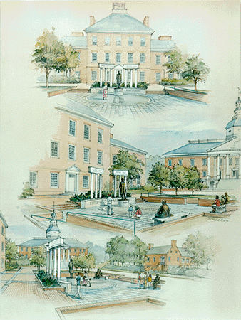 drawings of three views of the Thurgood Marsahll Memorial in front of the State House