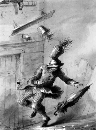 [a drawing receiving Strop being hit on the head by a flower pot dropped from a window above him]